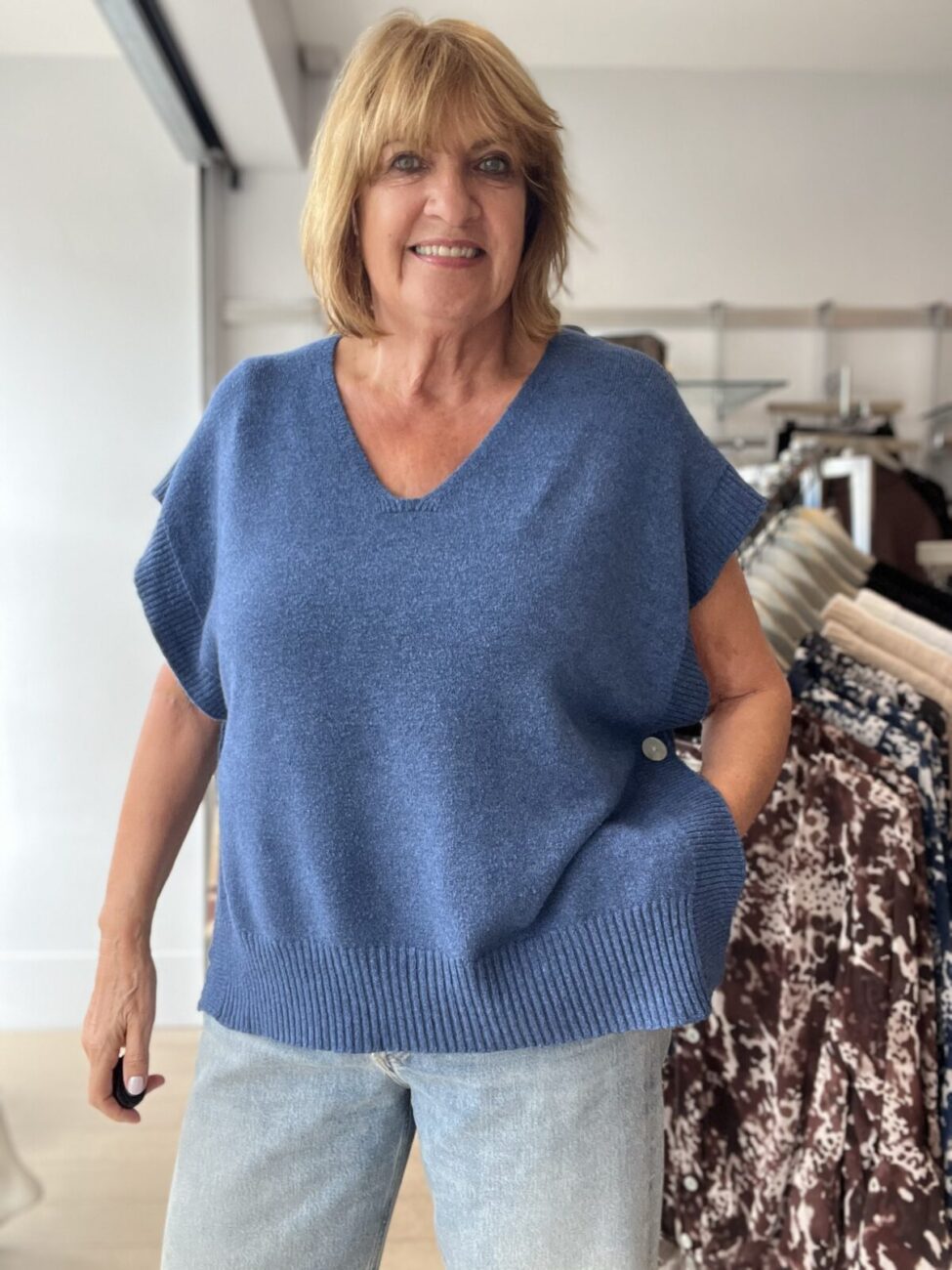Chrissie Side Button Knit Vest Top - Denim Blue, ONESIZE image