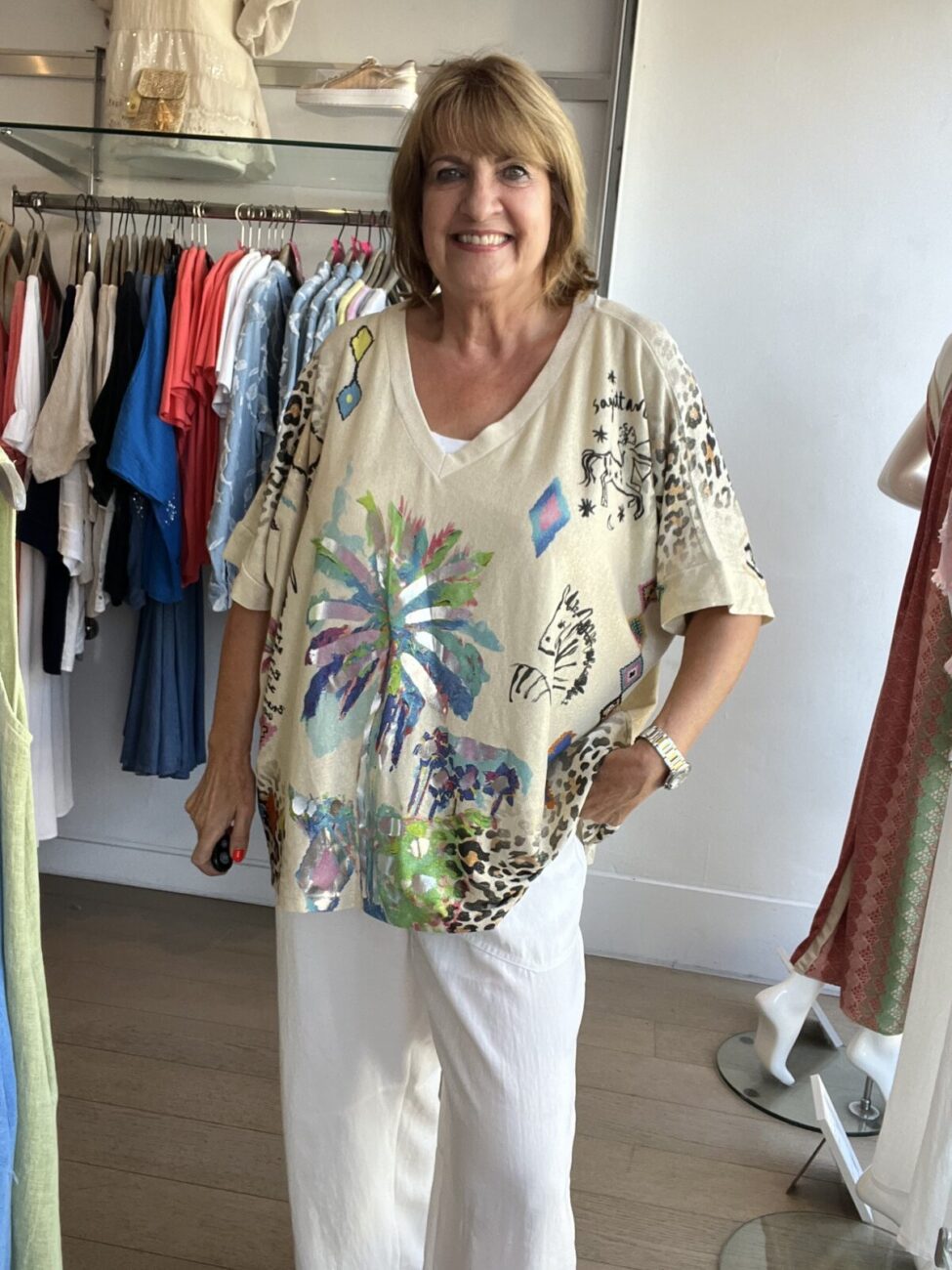 Lurex Jersey Art Printed Oversized V Neck Top image 4