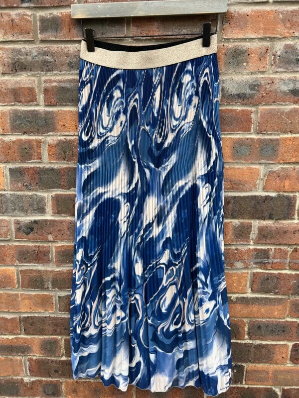 New Water Print All Round Pleated Skirt with Gold Waistband