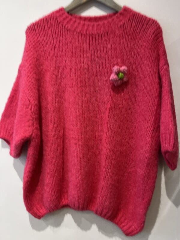 Short Sleeve fluffy Knit with Detachable Embroidered Flower