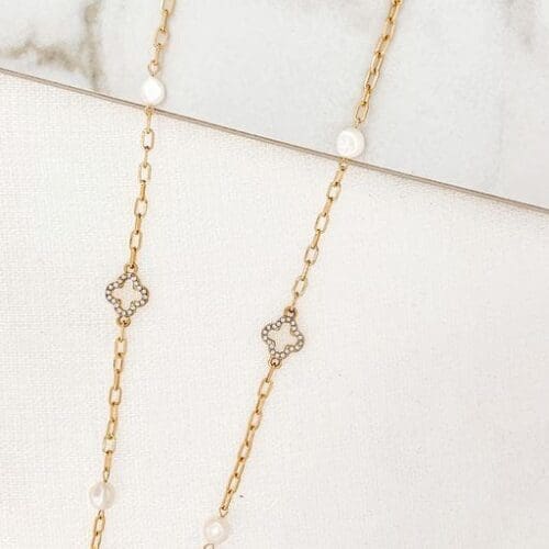 Envy Pearl and Diamante Clover Link Long Necklace