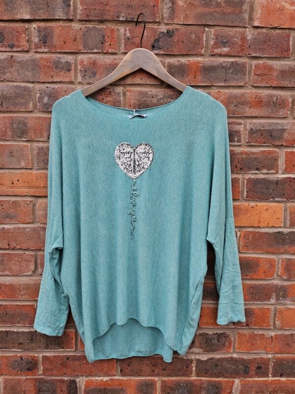 Spring Soft Fine Knit Top with Embellished Heart Balloon Motif