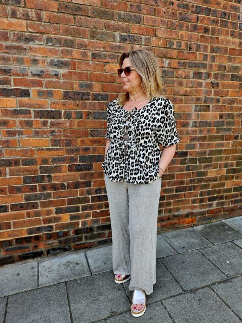 animal print crinkle cotton top with on trend ties