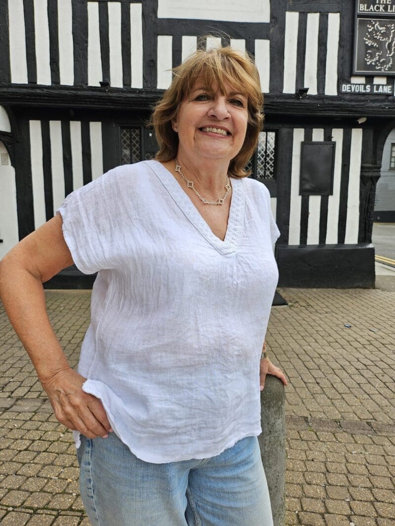 Linen Mix V-neck Top with Embroidery Details