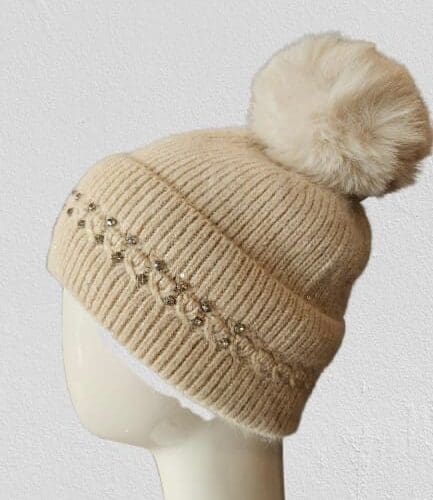 Bling Beanie with fleece lining and faux fur pom pom