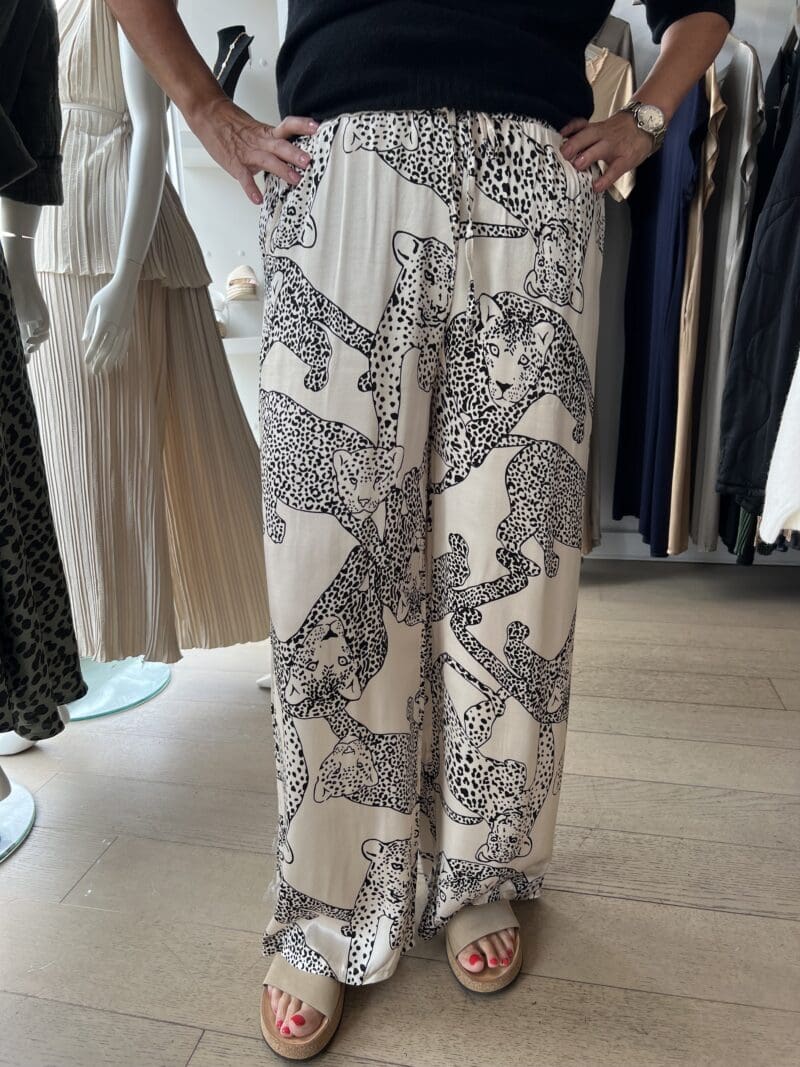 Satin Printed Panther Pants with an elasticated waistband and pockets