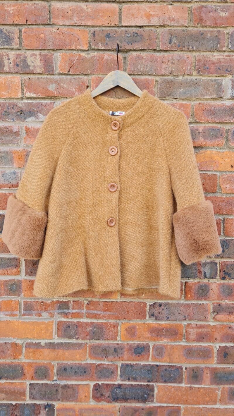 Deep Faux Fur Cuff Swing Knitted Jacket