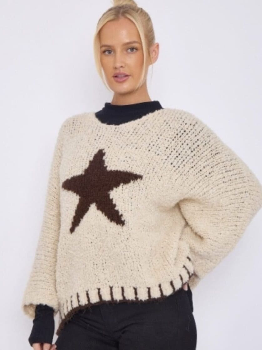 Easy Boucle V Neck Knit with Star Motif