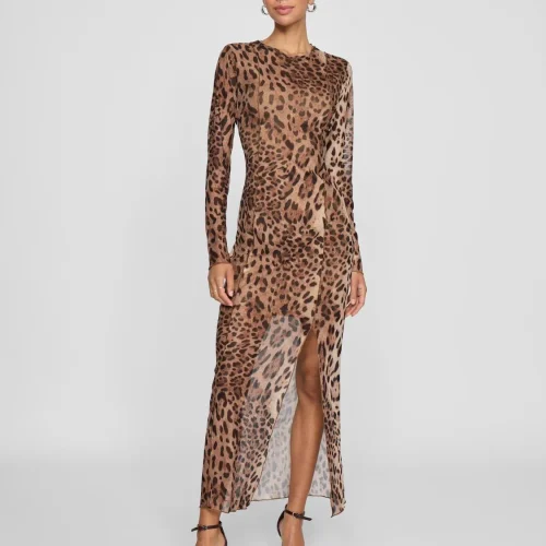 Vila Leopard Print Mesh Midi Dress