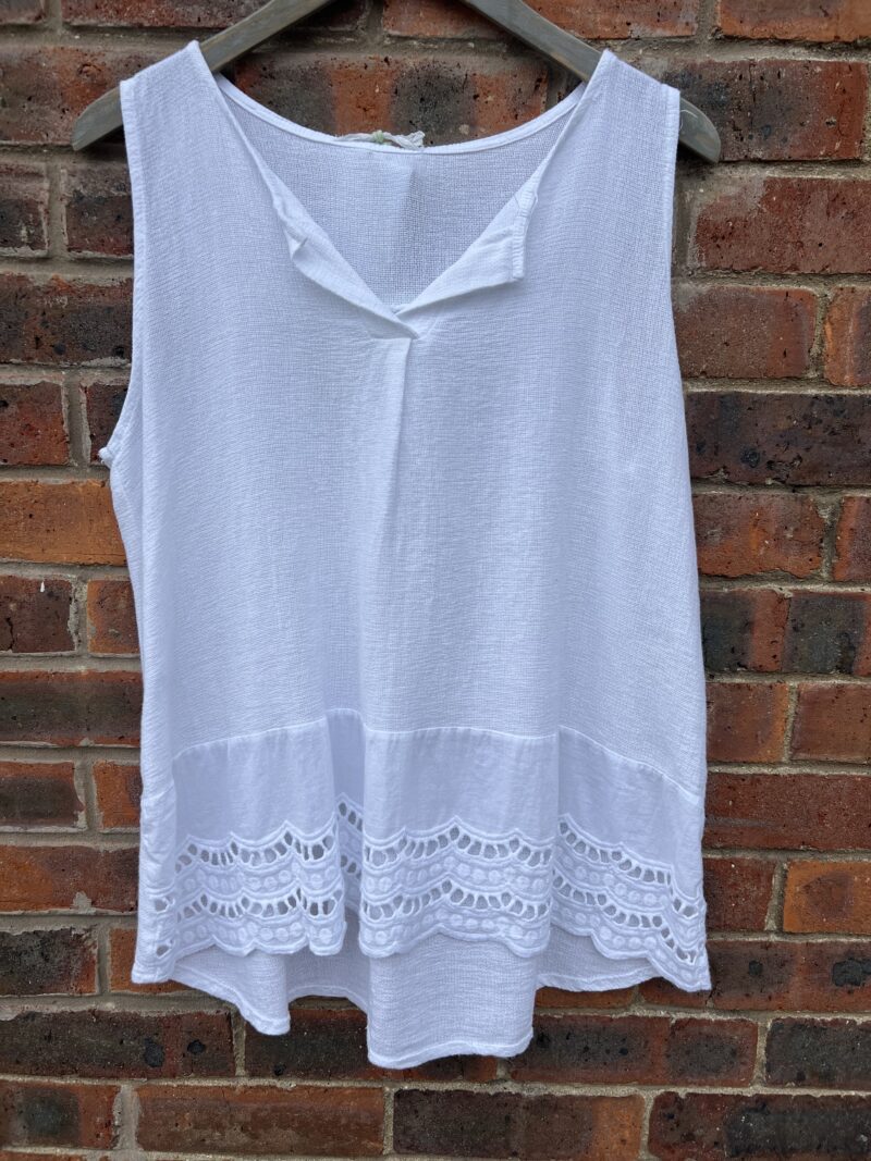 Linen Mix Sleeveless Top with Embroidered Hem