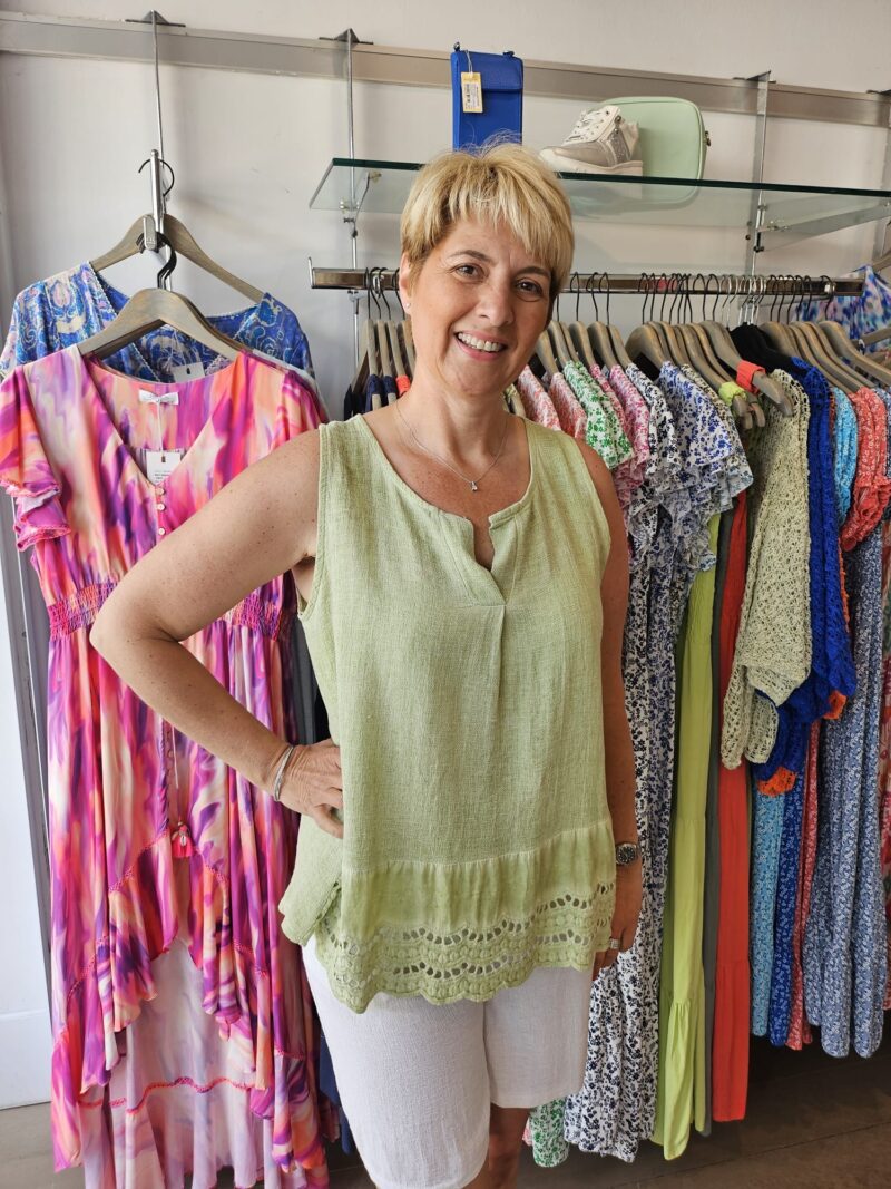 Linen Mix Sleeveless Top with Embroidered Hem