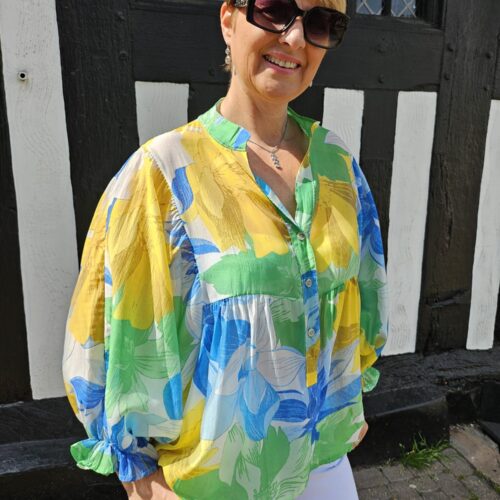 Cotton Printed Voile Top with Blouson Sleeves