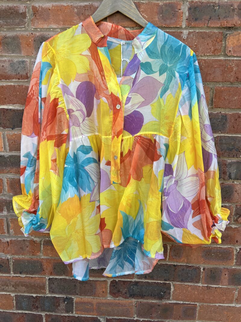 Cotton Printed Voile Top with Blouson Sleeves