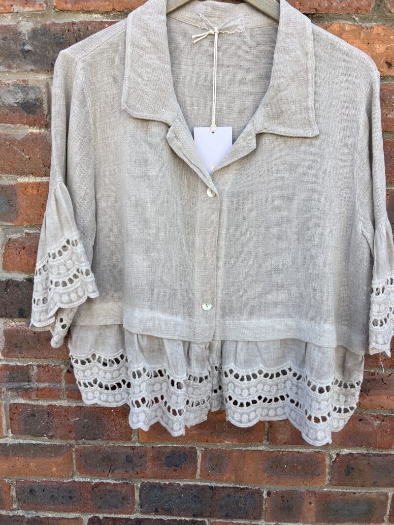 Linen Mix Shirt Style Top with Crochet Trim and Sleeve