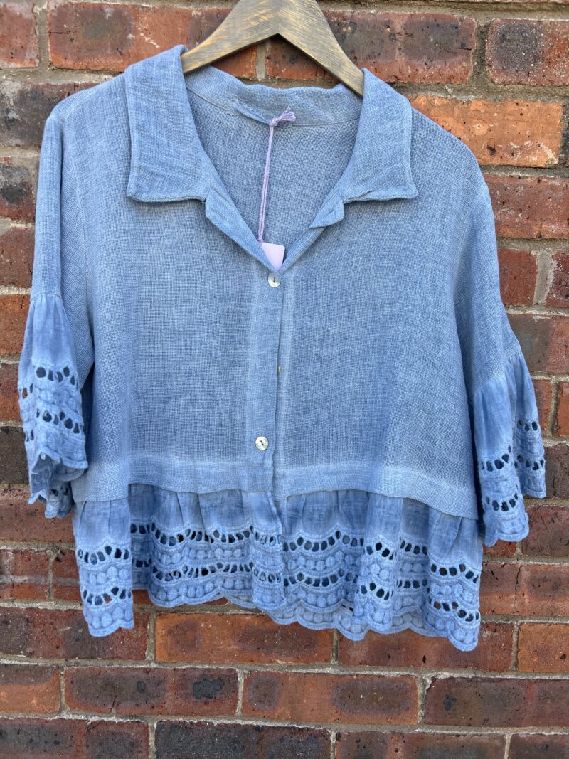 Linen Mix Shirt Style Top with Crochet Trim and Sleeve