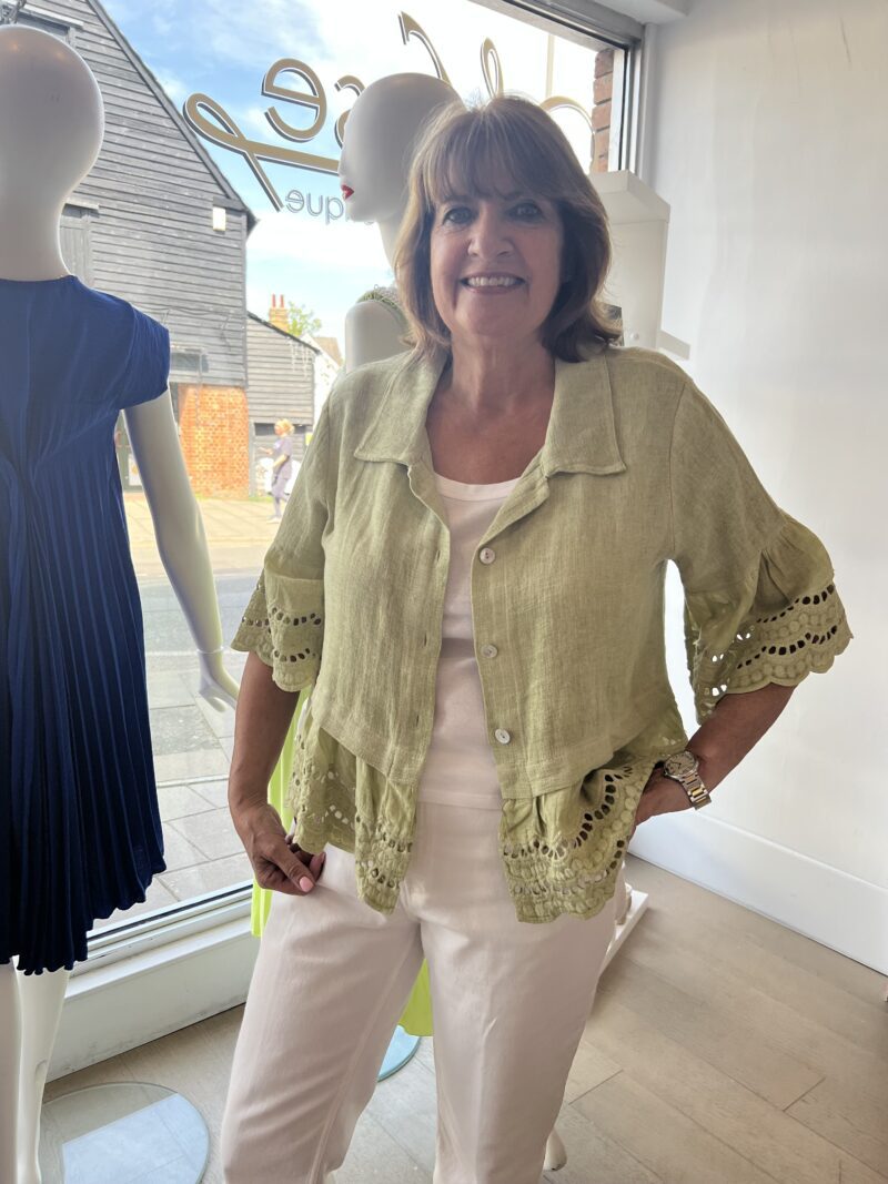 Linen Mix Shirt Style Top with Crochet Trim and Sleeve