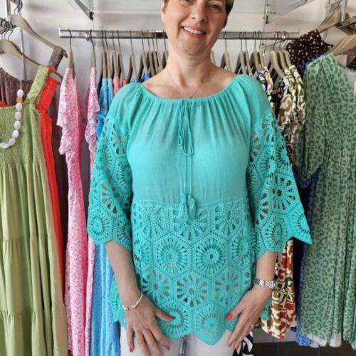 Bardot Tie Neck Top with Fab Crochet Sleeves