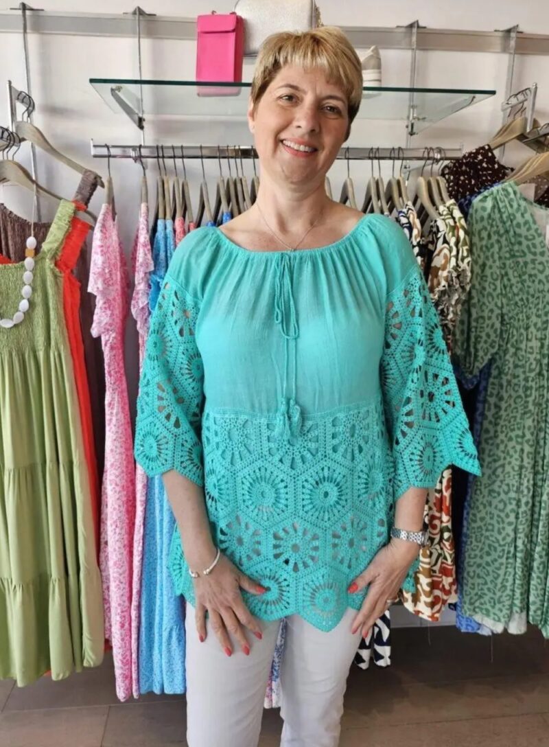 Bardot Tie Neck Top with Fab Crochet Sleeves