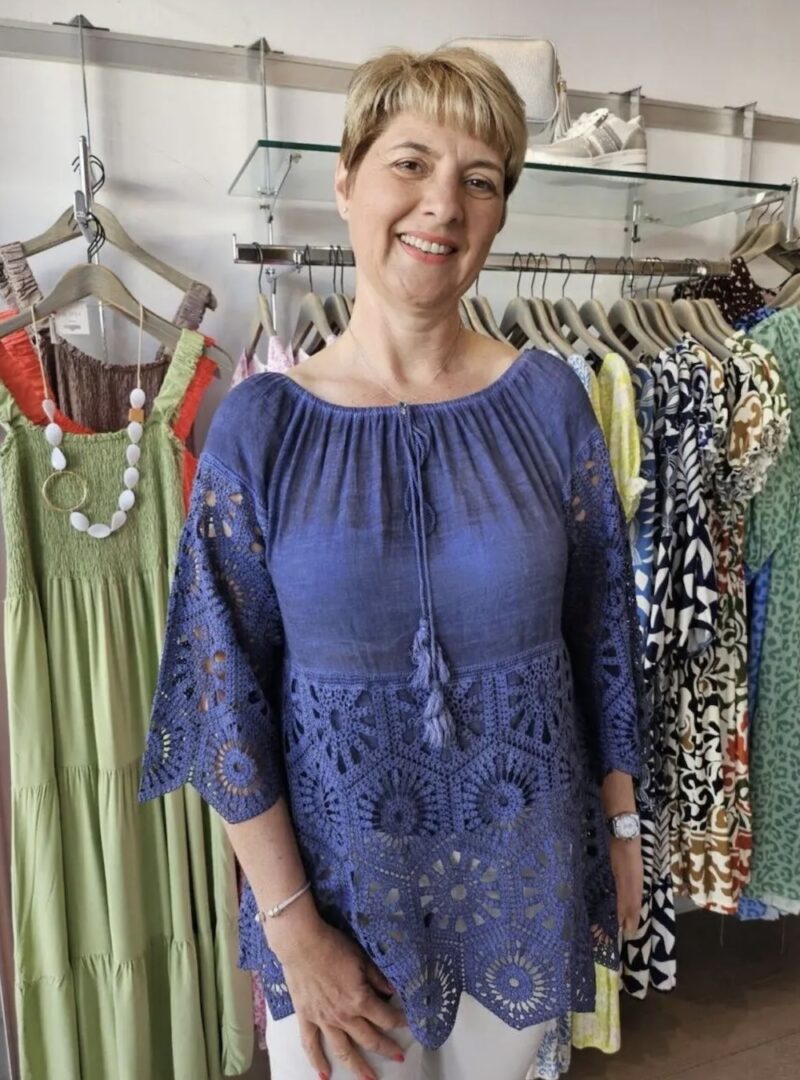 Bardot Tie Neck Top with Fab Crochet Sleeves