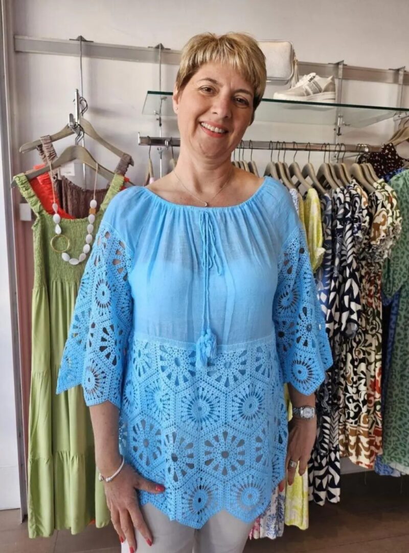 Bardot Tie Neck Top with Fab Crochet Sleeves