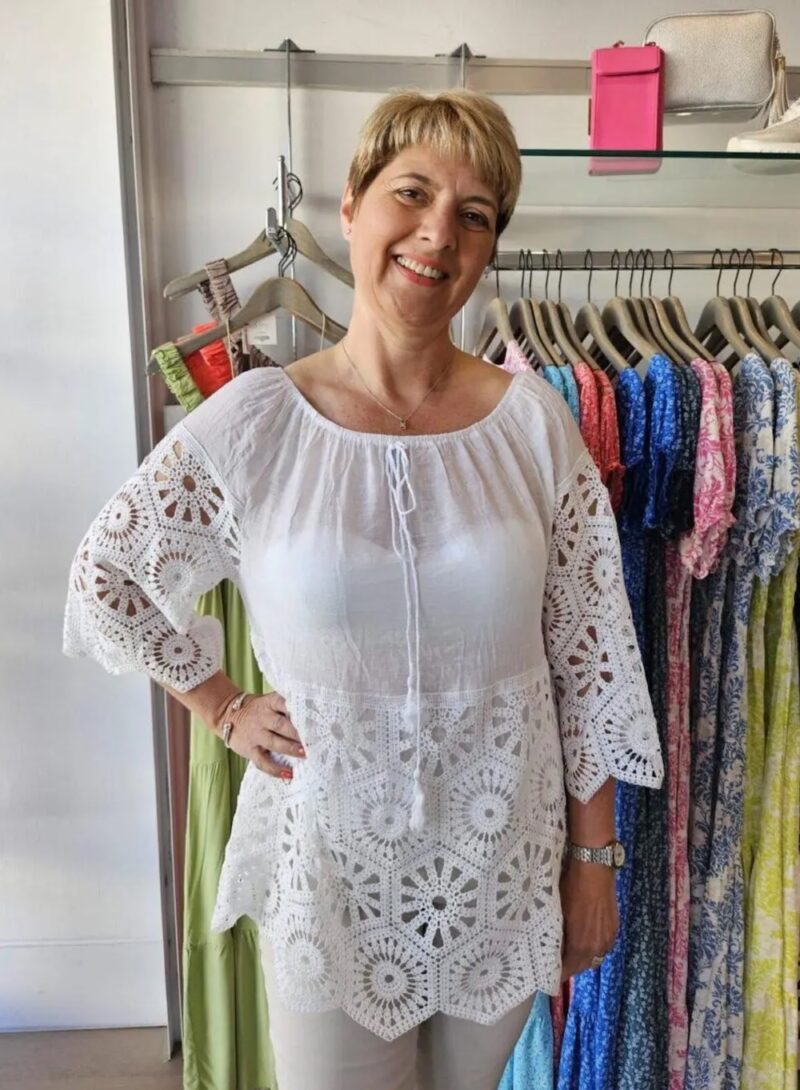 Bardot Tie Neck Top with Fab Crochet Sleeves