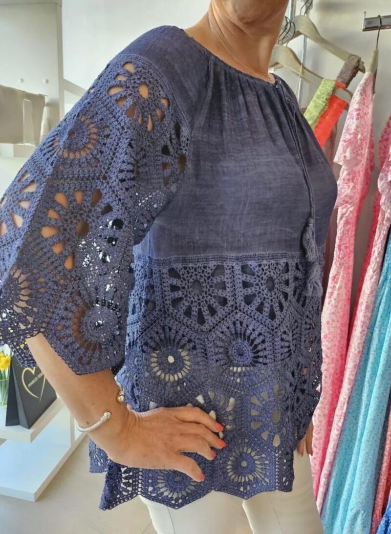 Bardot Tie Neck Top with Fab Crochet Sleeves