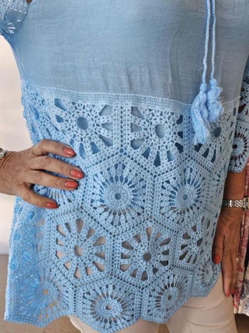 Bardot Tie Neck Top with Fab Crochet Sleeves