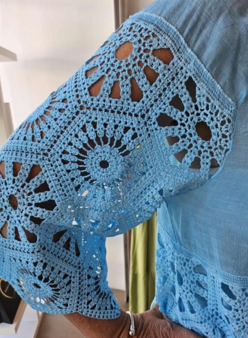 Bardot Tie Neck Top with Fab Crochet Sleeves