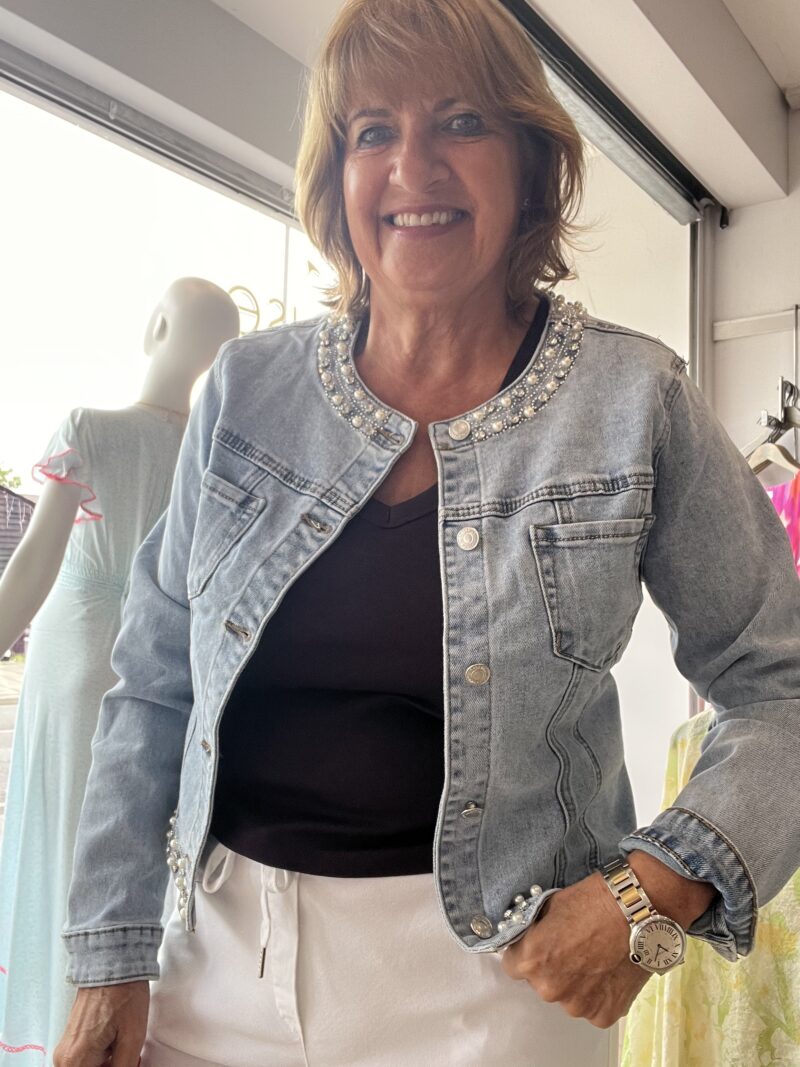 Pearl Embellished Light wash Denim Stretch Jacket