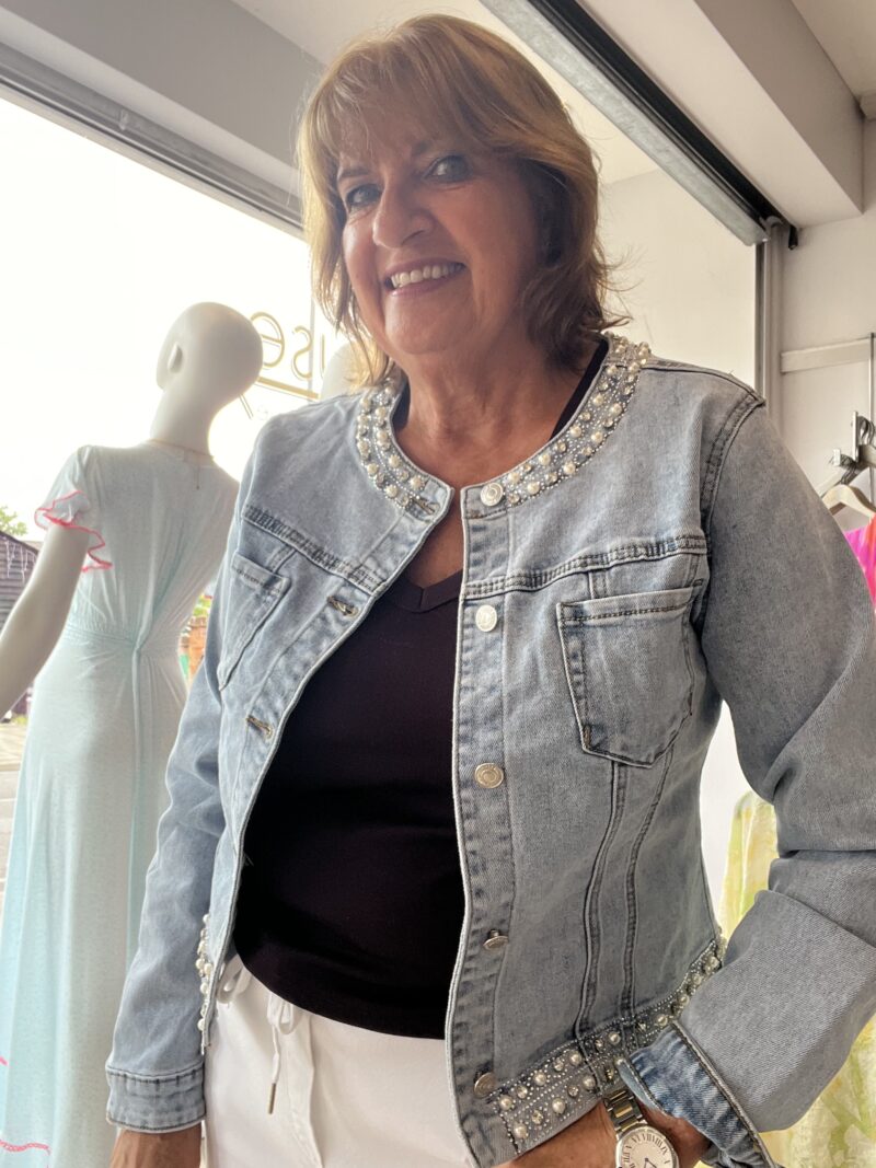 Pearl Embellished Light wash Denim Stretch Jacket