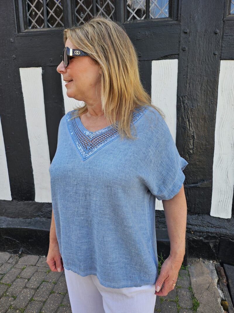 Linen Mix Sequin V Neck top