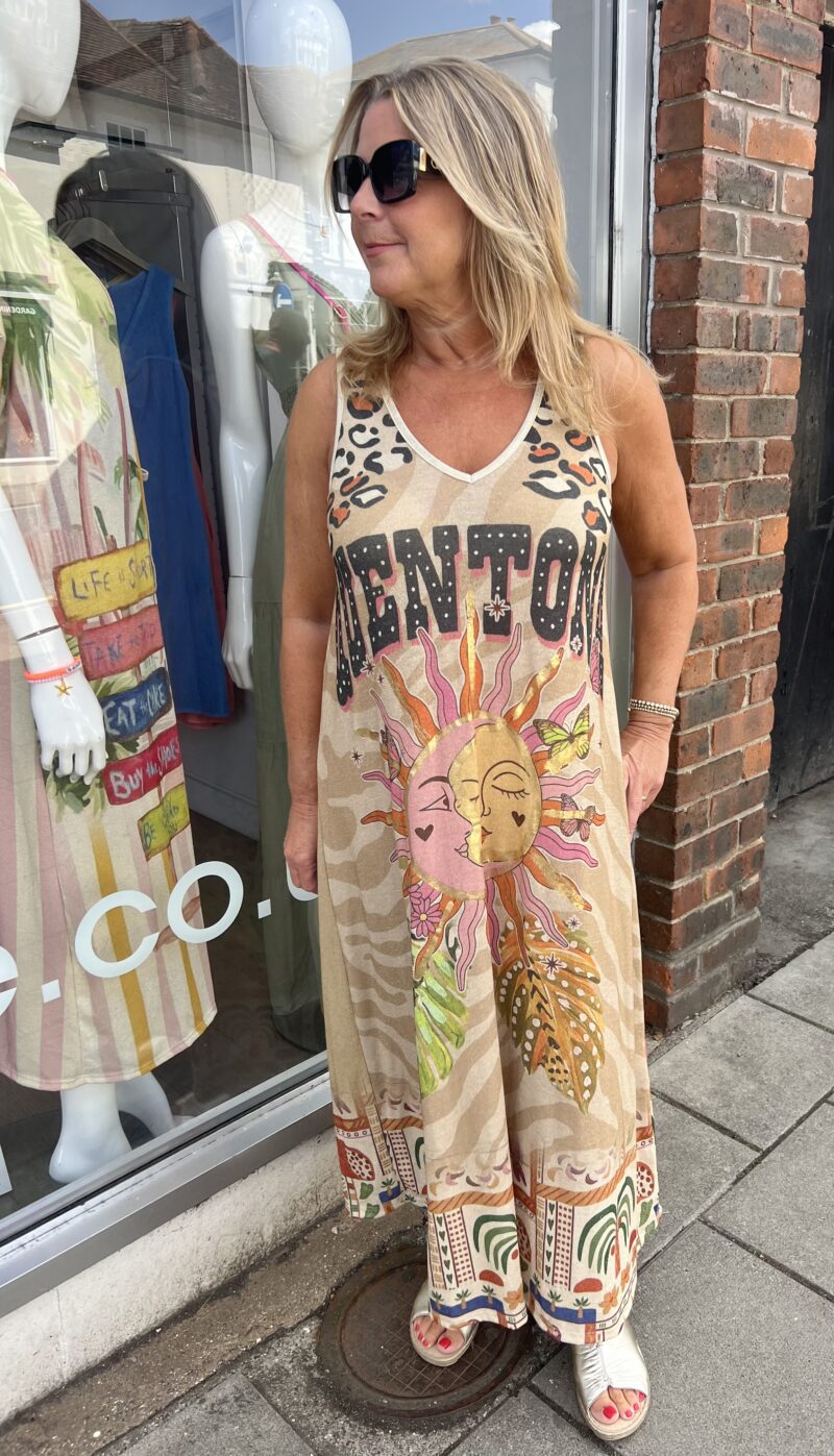 Lurex Jersey Sunburst Print with Animal detail maxi dress