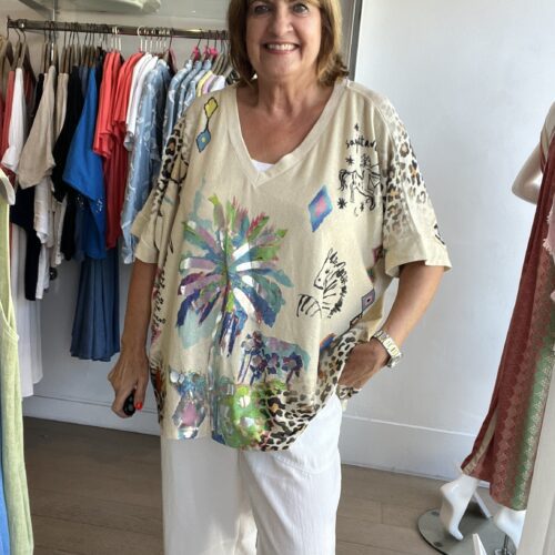 Oversized Art Print V nECK lUREX jERSEY tOP