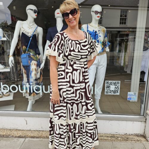 Geometric Printed Ruched Maxi Dress with Crochet Detail