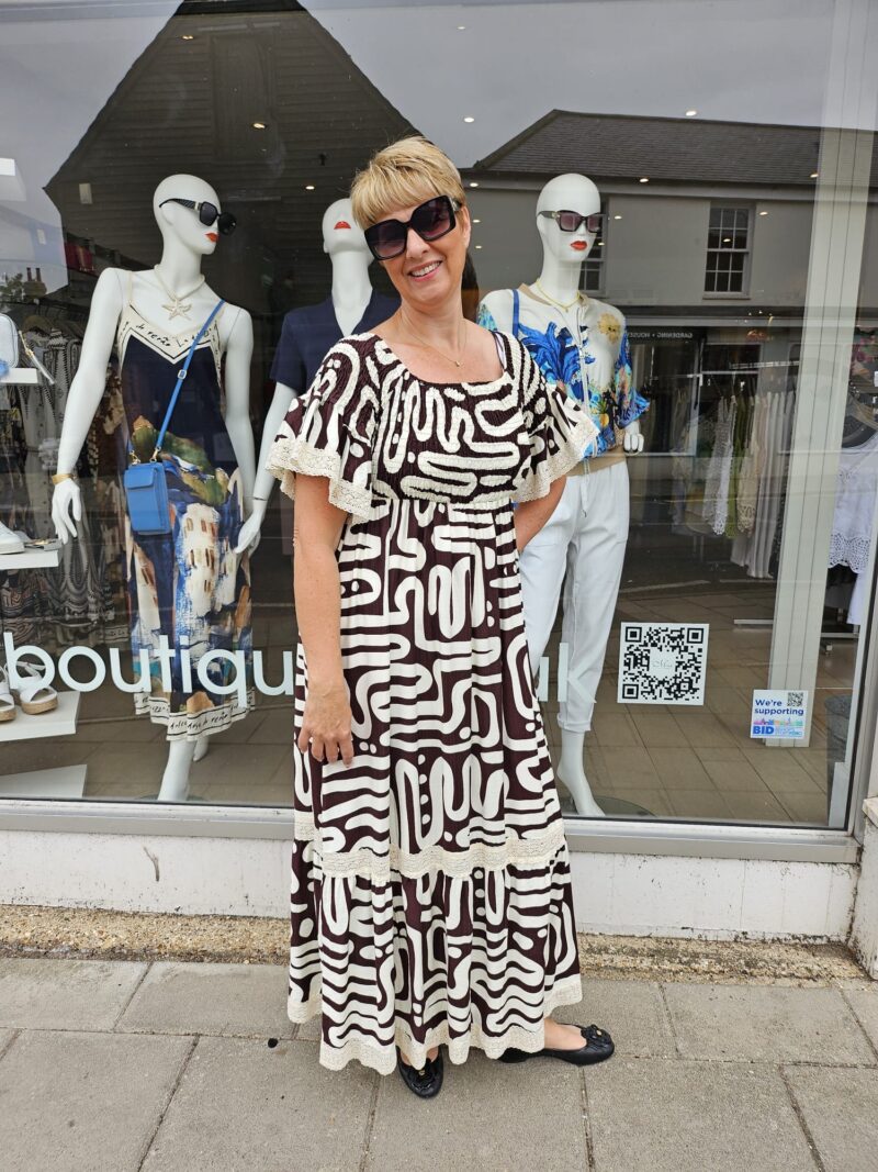 Geometric Printed Ruched Maxi Dress with Crochet Detail