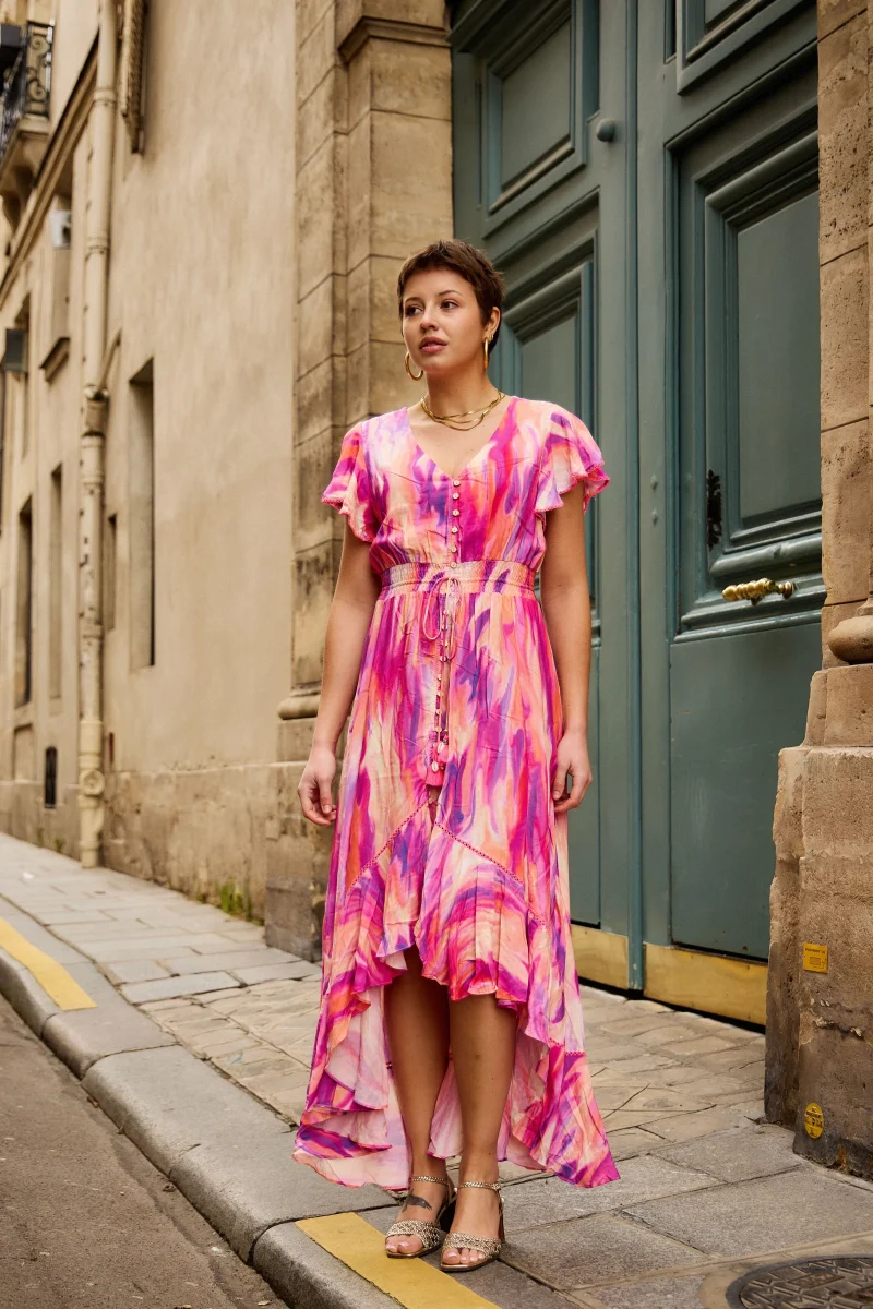 Sabrina Printed Hi Lo Dress with Ruching and Button Detail