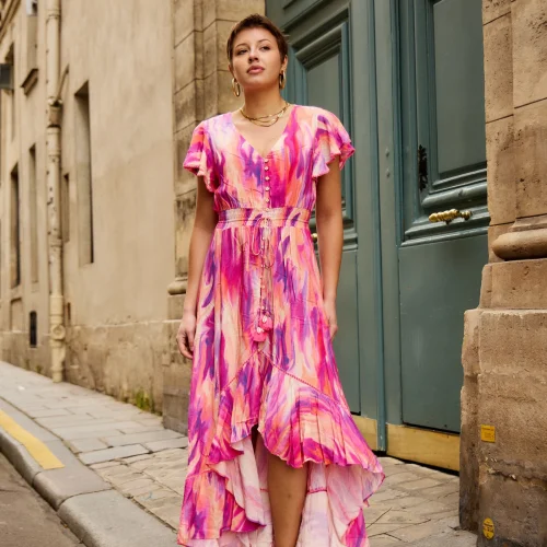Sabrina Printed Hi Lo Dress with Ruching and Button Detail