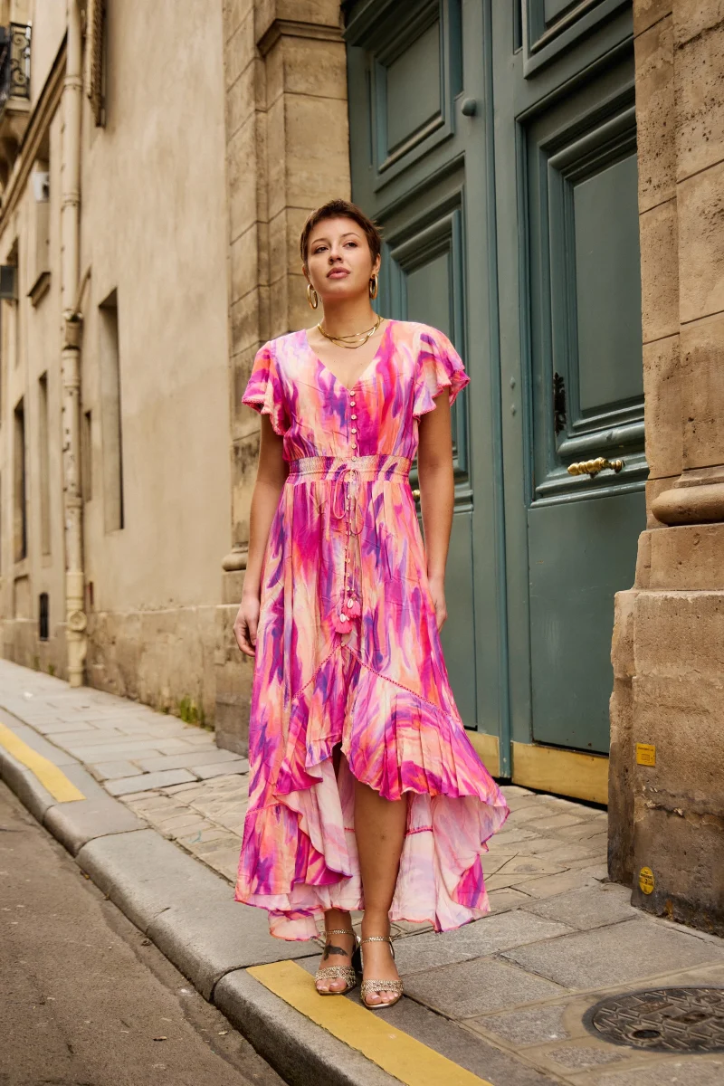 Sabrina Printed Hi Lo Dress with Ruching and Button Detail