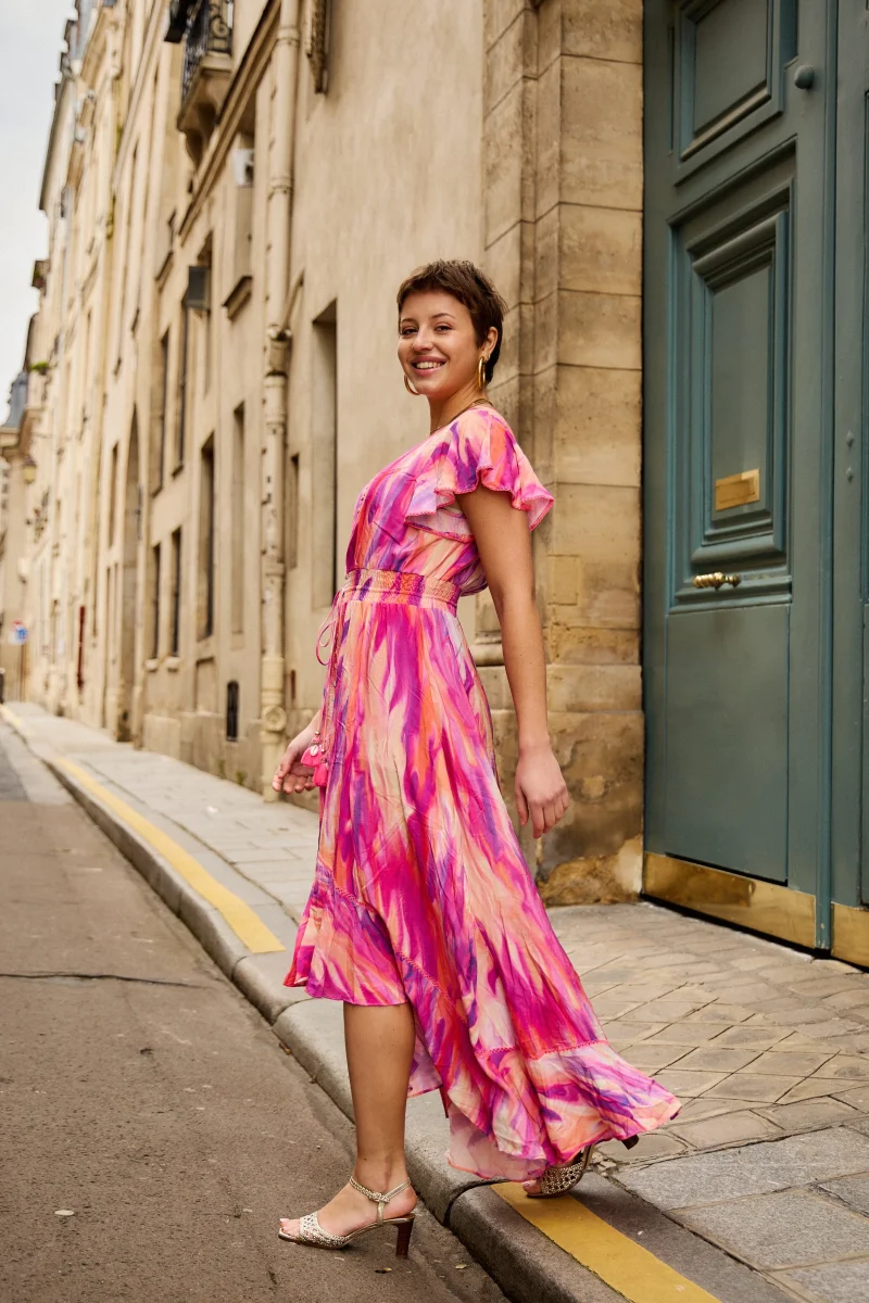 Sabrina Printed Hi Lo Dress with Ruching and Button Detail