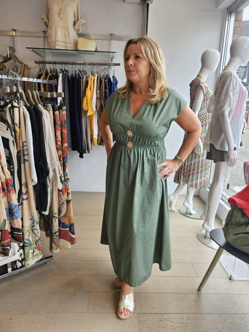 Cotton Ruched dress with Brooches