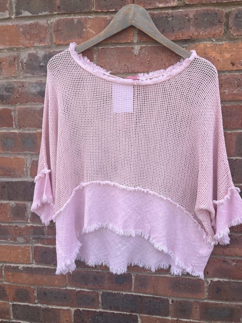 Product Style and Fit One Size 8-14 50% Linen 50% Cotton Mesh Top with Fringing Slightly Cropped Great with Shorts and Jeans