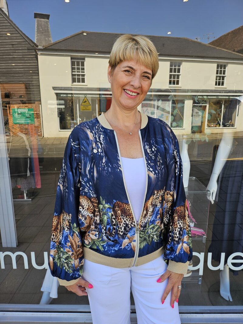 Tiger Design Satin Printed Jacket with Gold Lurex Trims